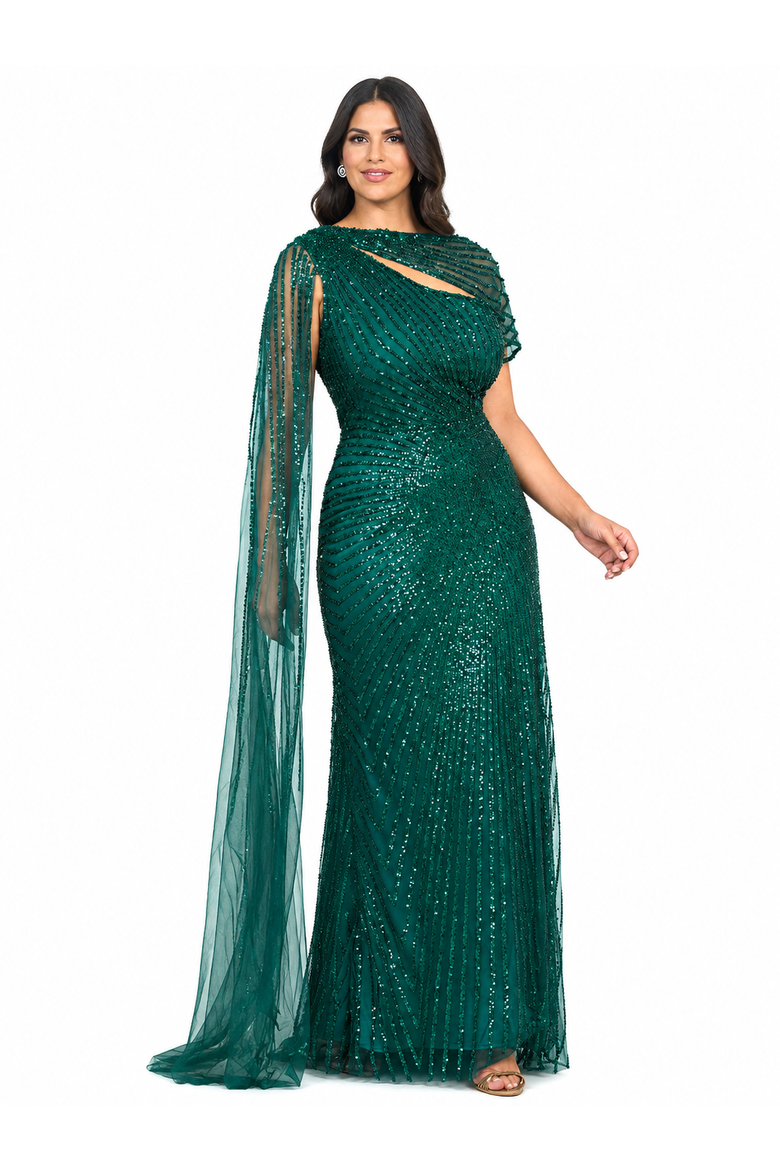 One Shoulder Fitted Gown with Cape Sleeve, Main, color, Teal