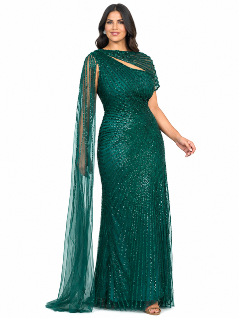 One Shoulder Fitted Gown with Cape Sleeve