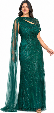 LARA New York One Shoulder Fitted Gown with Cape Sleeve
