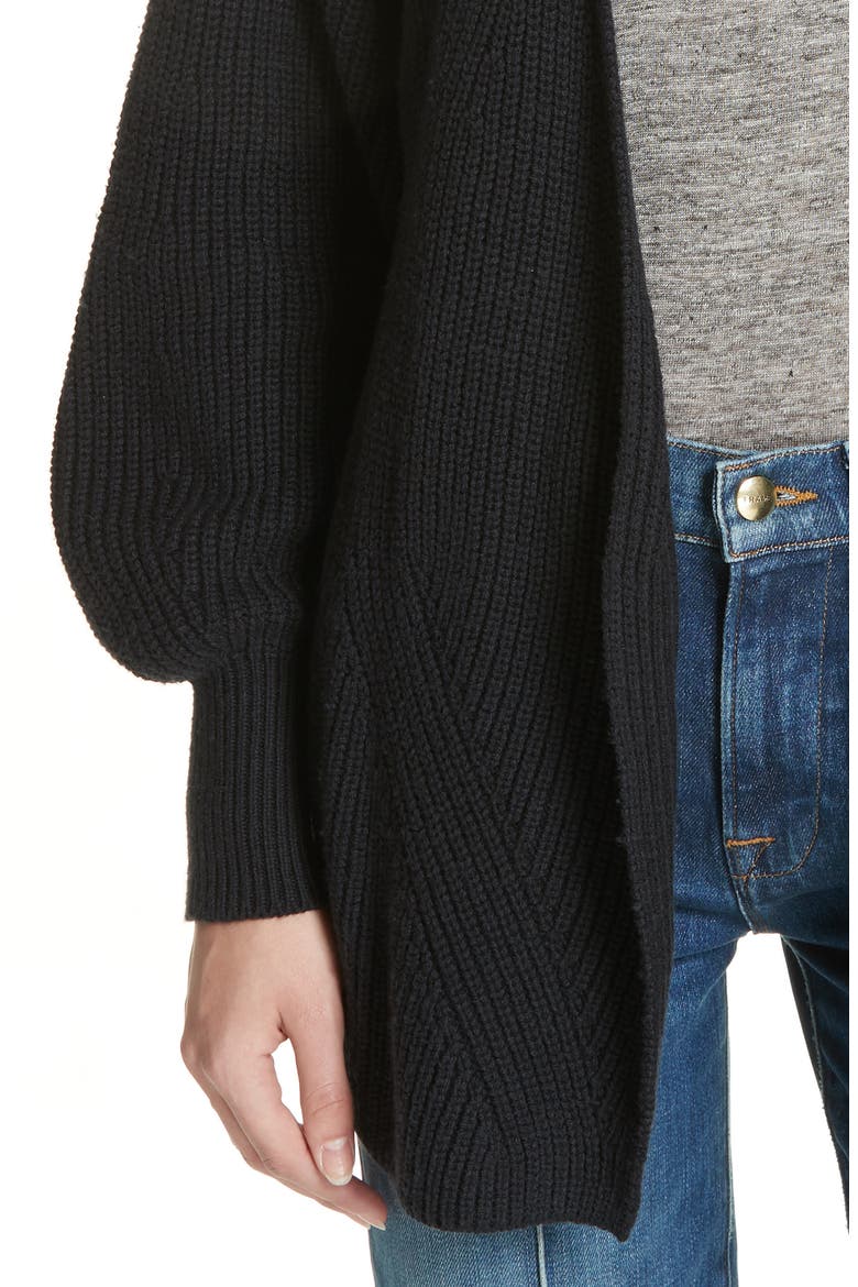 Puff Sleeve Belted Cardigan, Alternate, color, NOIR
