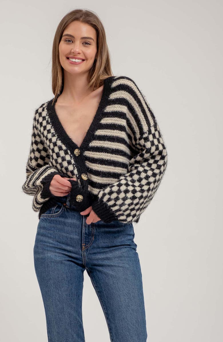 Blu Pepper Stripe Check Balloon Sleeve Cardigan, Alternate, color, 