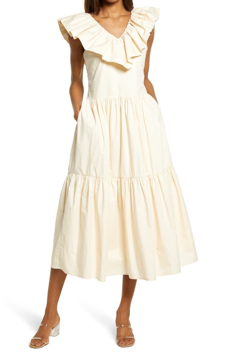 Ruffle V-Neck Cotton Dress, Main, color, BEIGE