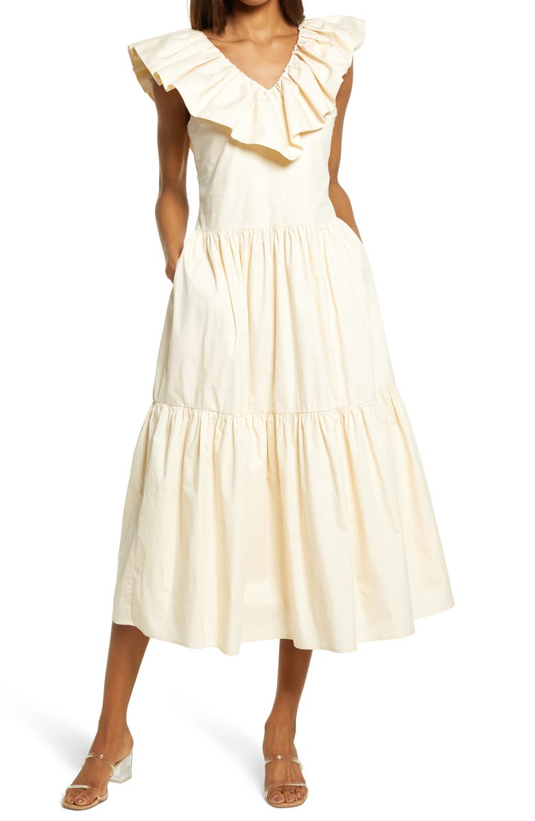English Factory Ruffle V-Neck Cotton Dress, Main, color, 