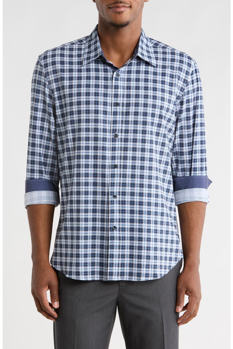 Slim Fit Plaid 4-Way Stretch Button-Up Shirt, Main, color, NAVY/ WHITE