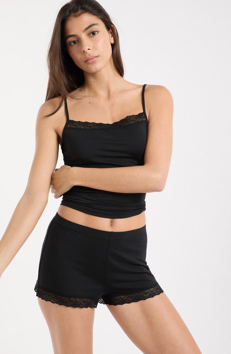 Etam Kitty Lace Trim Shorts, Alternate, color, Black