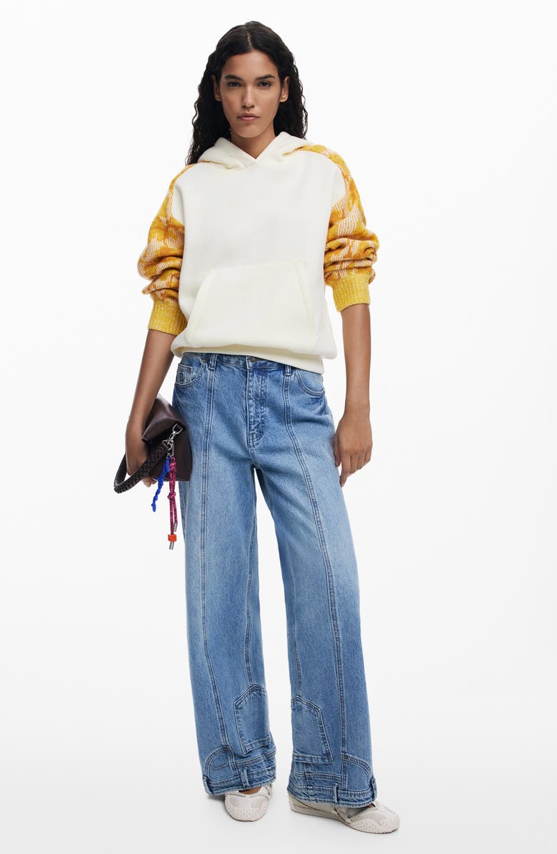 Desigual Mixed Media Hoodie, Alternate, color, Ivory/ Yellow