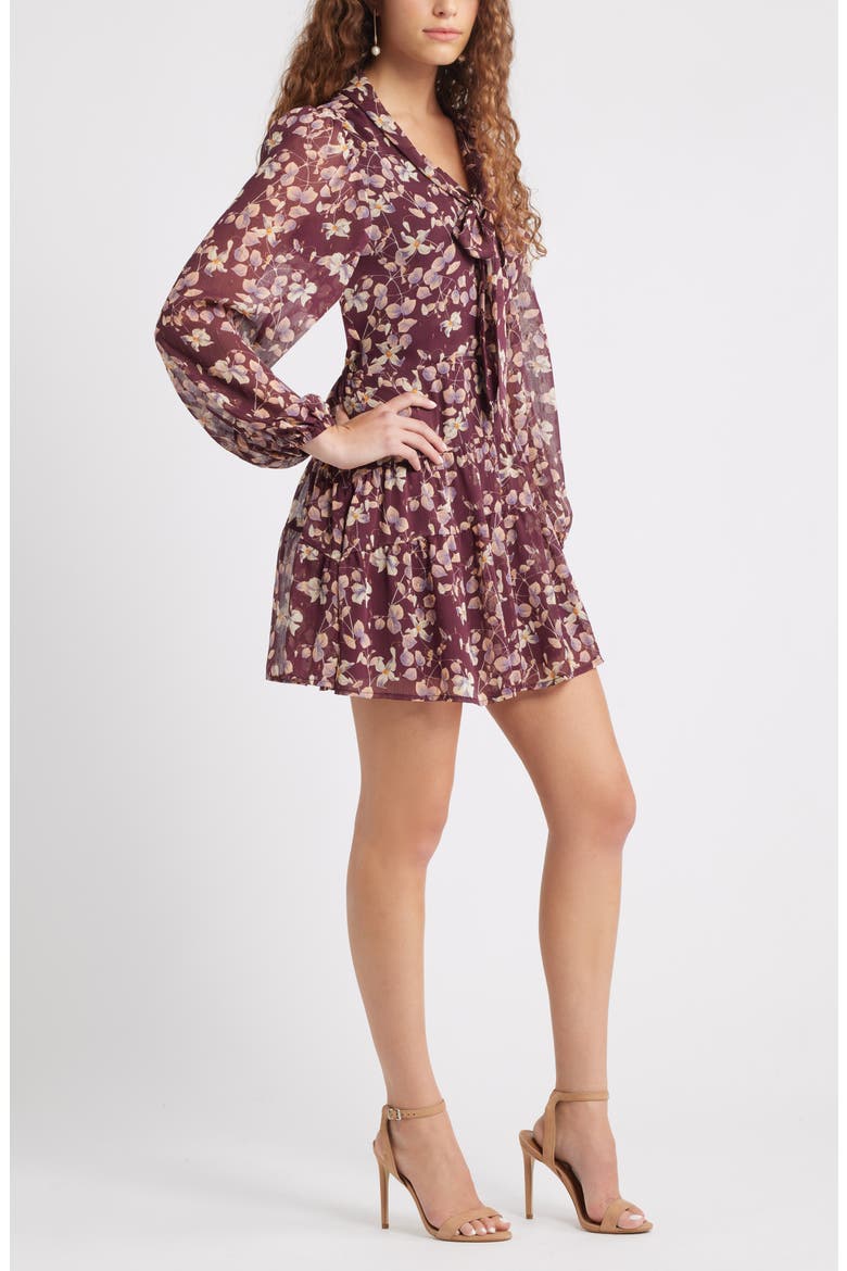 Metallic Tie Neck Long Sleeve Tiered Dress, Alternate, color, BURGUNDY- PINK MAPLE FLORAL