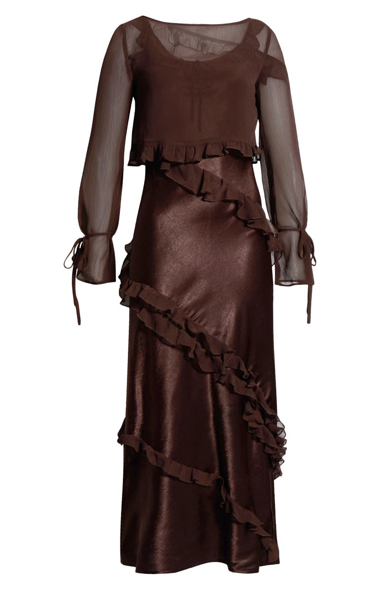 Damson Madder Carmen Ruffle Long Sleeve Satin Midi Dress, Main, color, Chocolate
