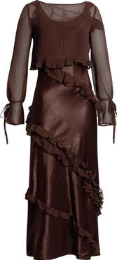 Damson Madder Carmen Ruffle Long Sleeve Satin Midi Dress