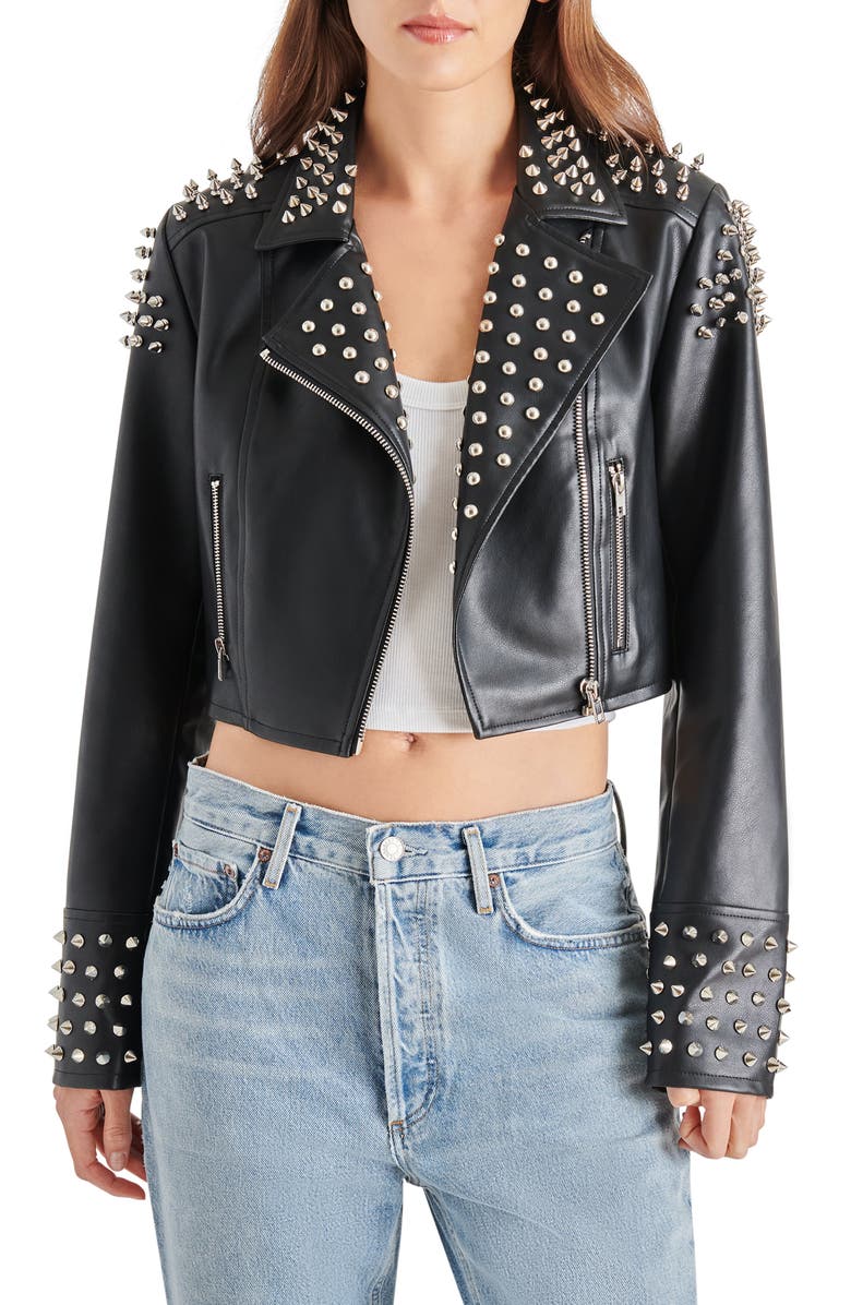 Steve Madden Tabby Stud Detail Faux Leather Jacket, Main, color, 