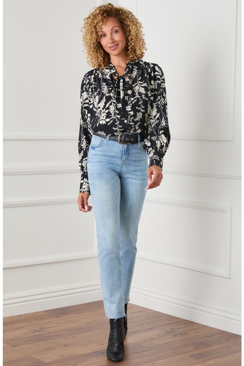 Tie Neck Floral Print Blouse, Alternate, color, BLACK W/ CREAM