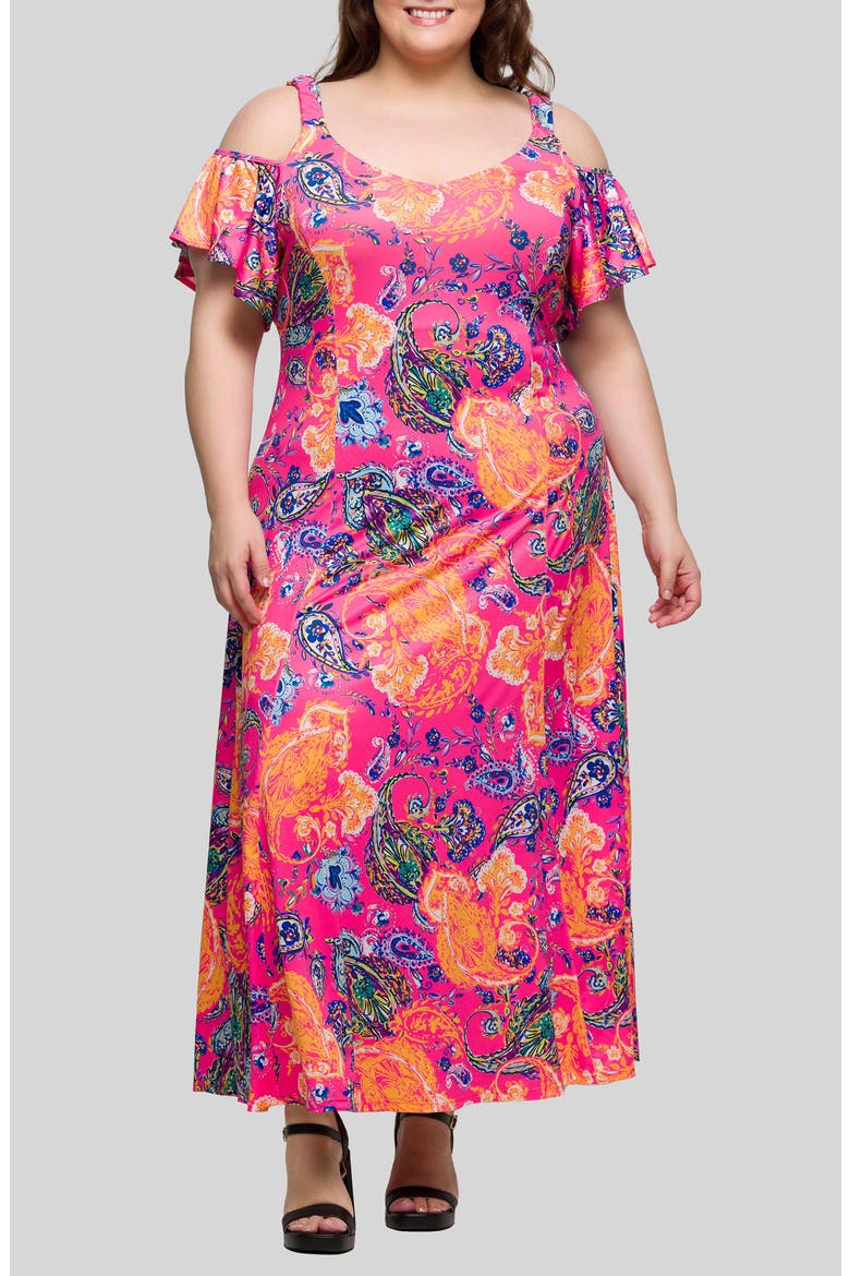 Printed Cold Shoulder Jersey Maxi Dress, Main, color, PINK MULTI
