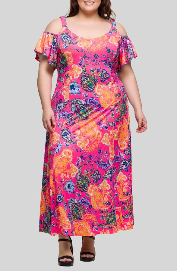 Printed Cold Shoulder Jersey Maxi Dress