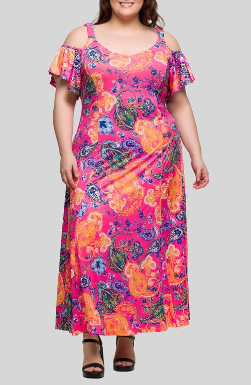 24seven Comfort Apparel Plus Size Cold Shoulder Ruffle Sleeve A-line Maxi Dress In Pink