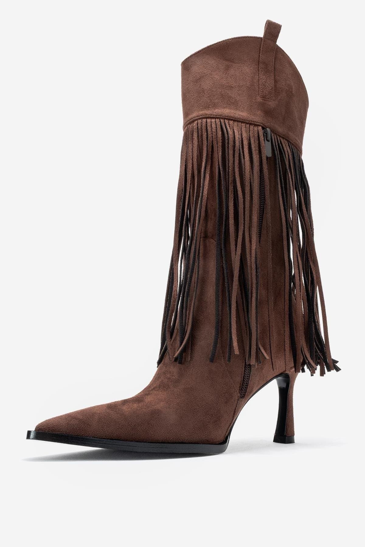 Gueras Fringe Pointed Toe Boot, Alternate, color, Brown Suede Faux Leather