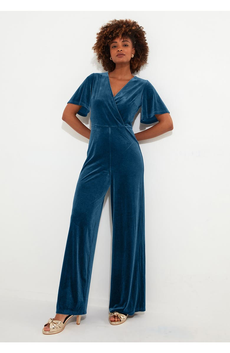 Joe Browns Flutter Sleeve Velvet Jumpsuit, Main, color, Blue Opal