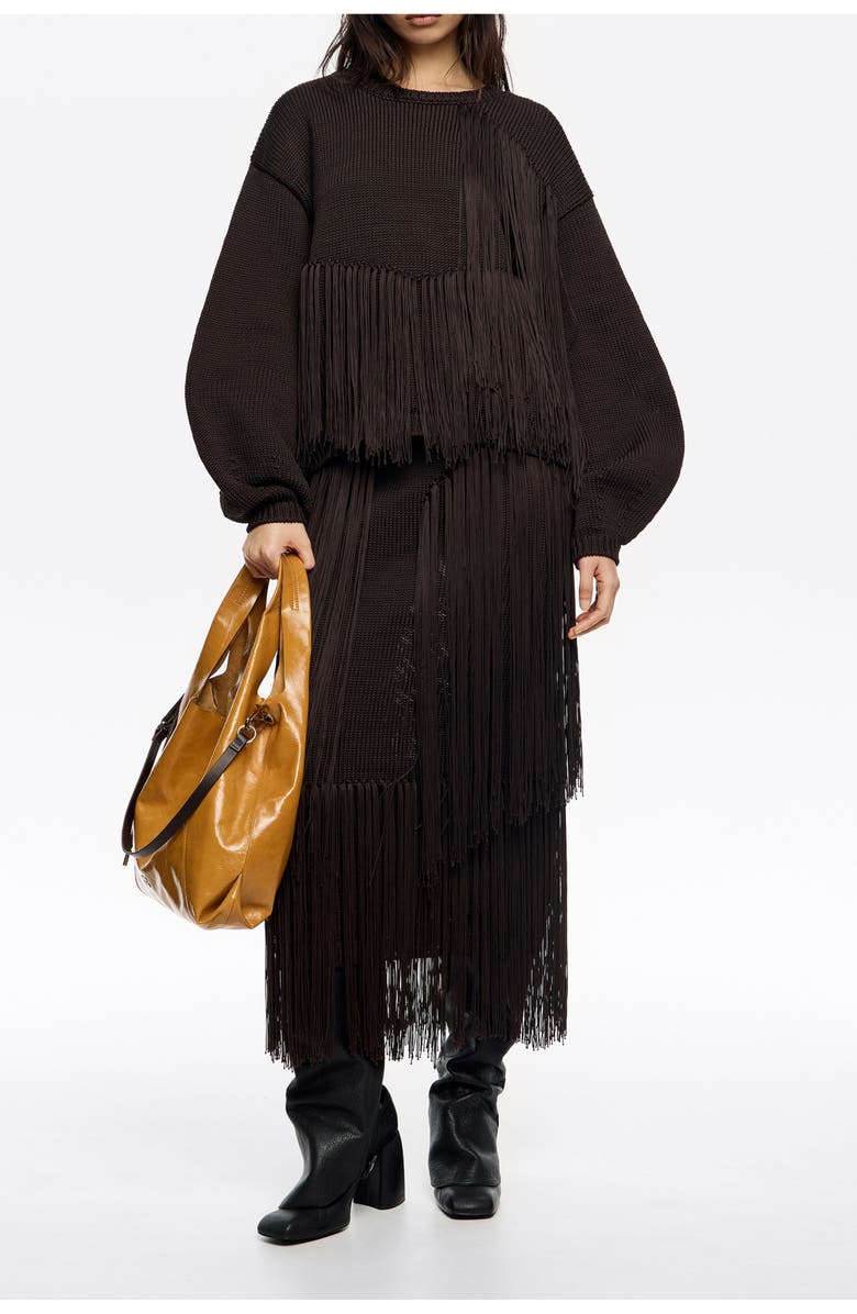 Bimba y Lola Fringed Knit Skirt, Alternate, color, Brown