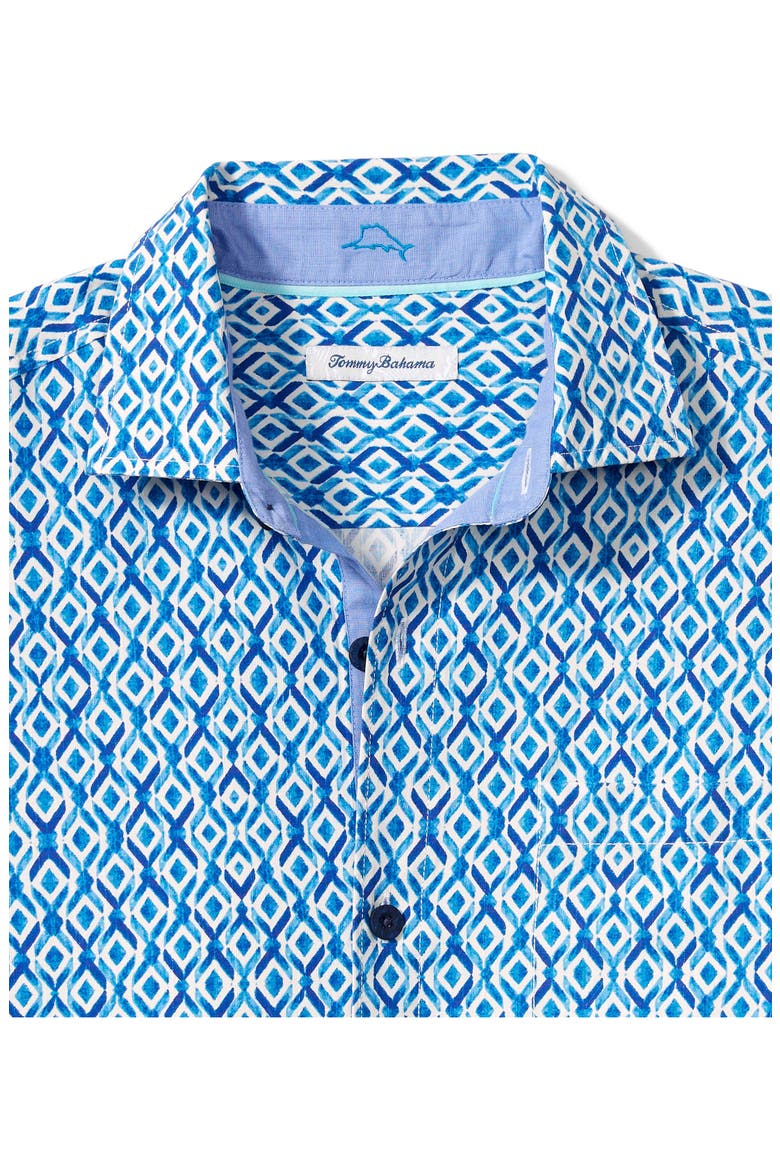 Diamond Tides Print Short Sleeve Silk Button-Up Shirt, Alternate, color, ATLANTIS TEAL