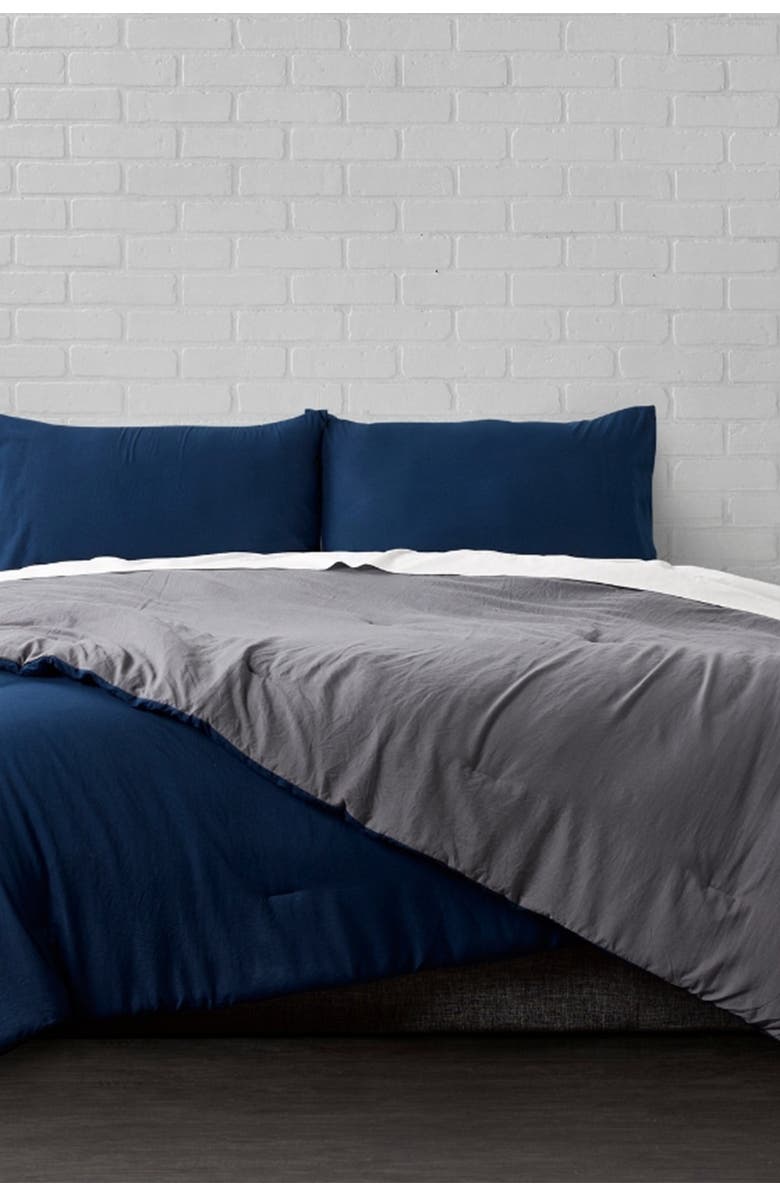 ELLA JAYNE HOME Reversible Brushed Microfiber Plush Down-Alt Comforter 3 Piece Set - King - Charcoal/Navy, Alternate, color, 