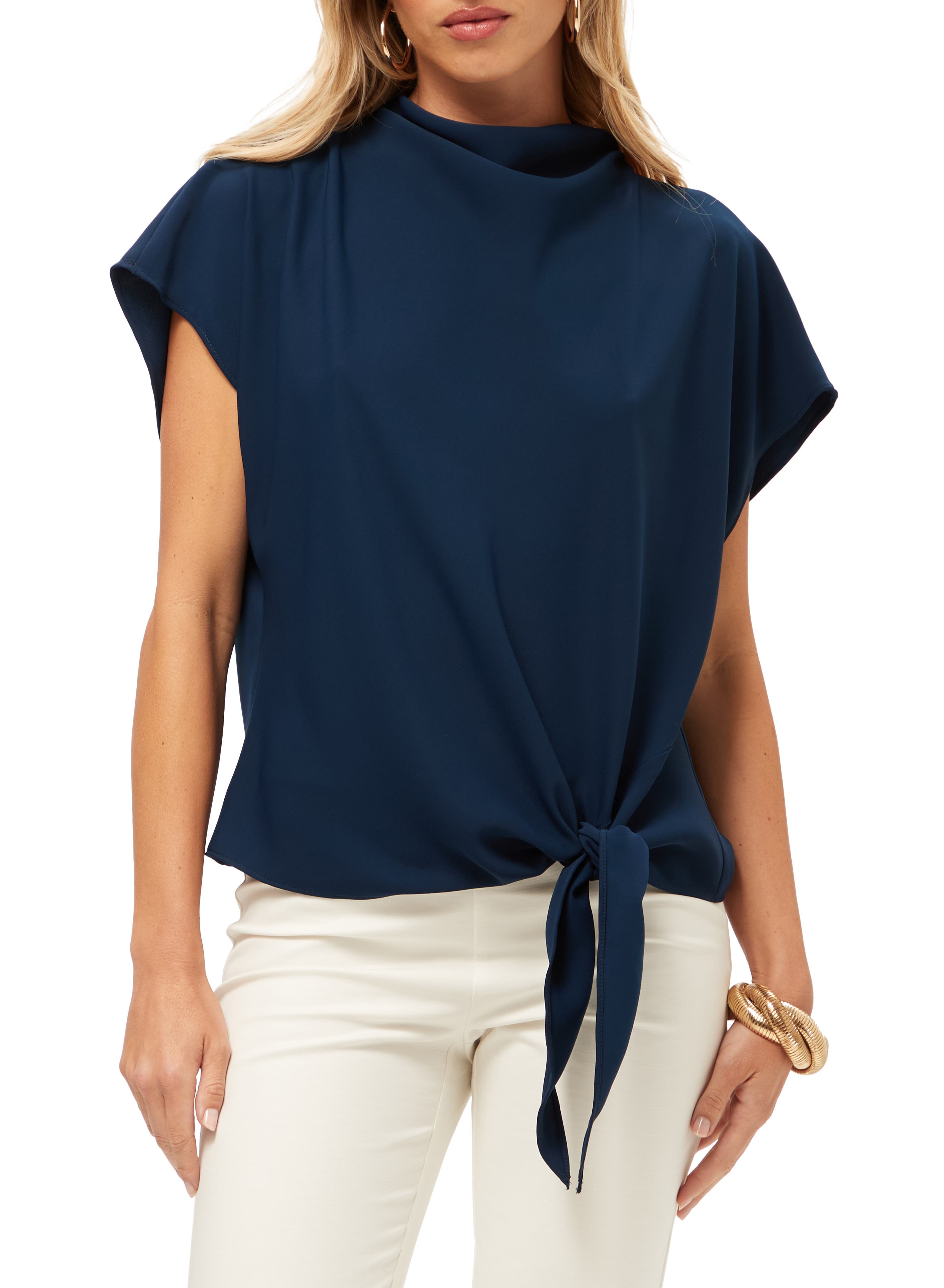High Neck Tie Hem Bisque Top
