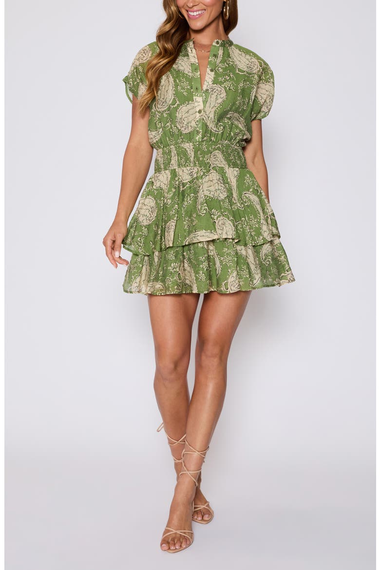 Lydia Paisley Print Smocked Waist Tiered Minidress (Nordstrom Exclusive), Main, color, GREEN/ CREAM
