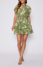 VICI Collection Lydia Paisley Print Smocked Waist Tiered Minidress