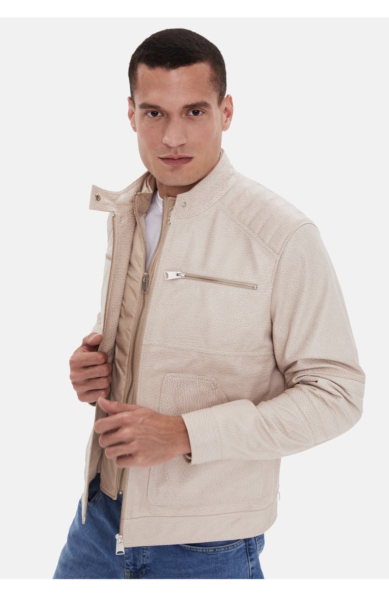 Furniq UK Henry Patterned Leather Jacket, Alternate, color, Beige