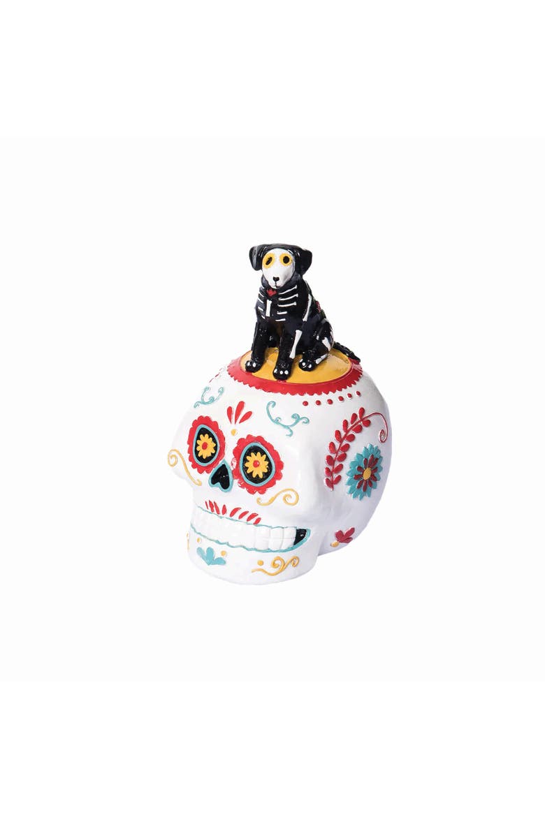 Sitting Festive Canine Dog Sugar Skull Decorative Figurine, Main, color, White
