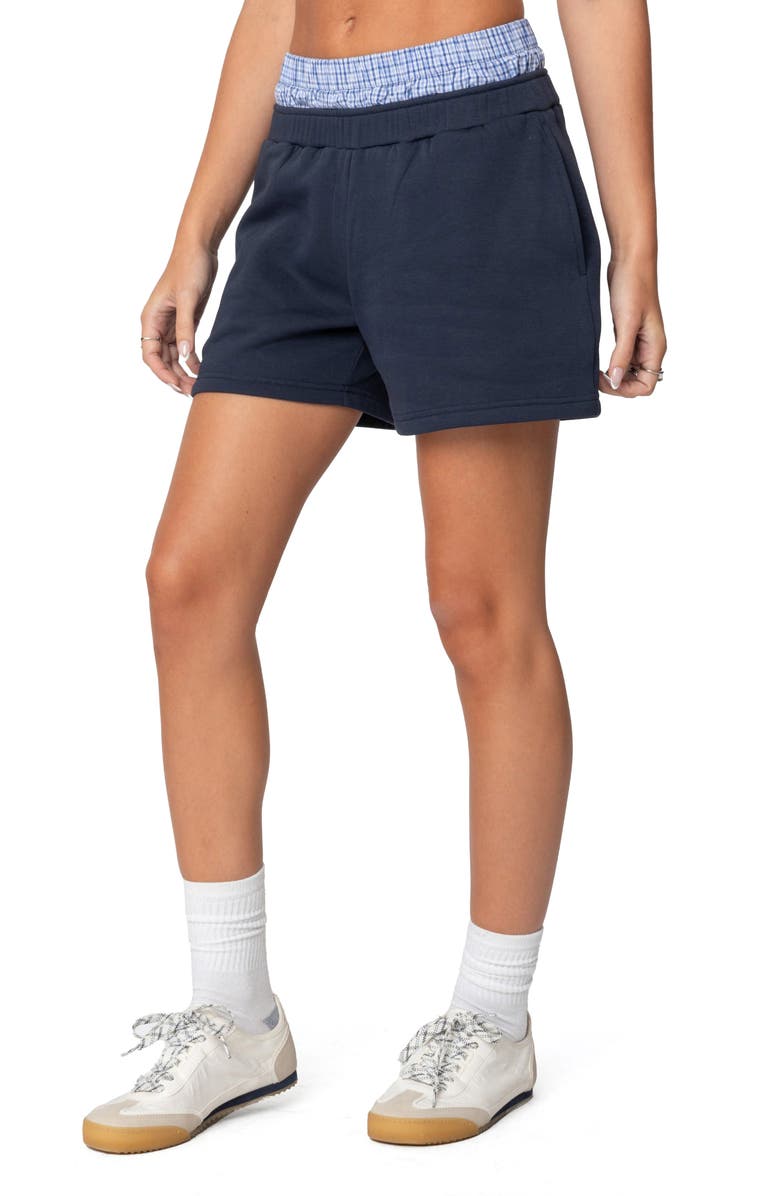 EDIKTED Plaid Boxer Detail Shorts, Alternate, color, Navy