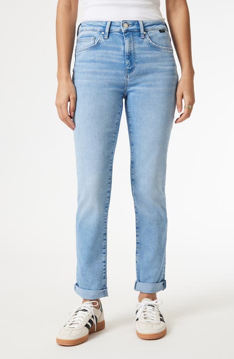 Kathleen Mid Rise Slim Boyfriend Jeans (Light Blue Feather Blue)
