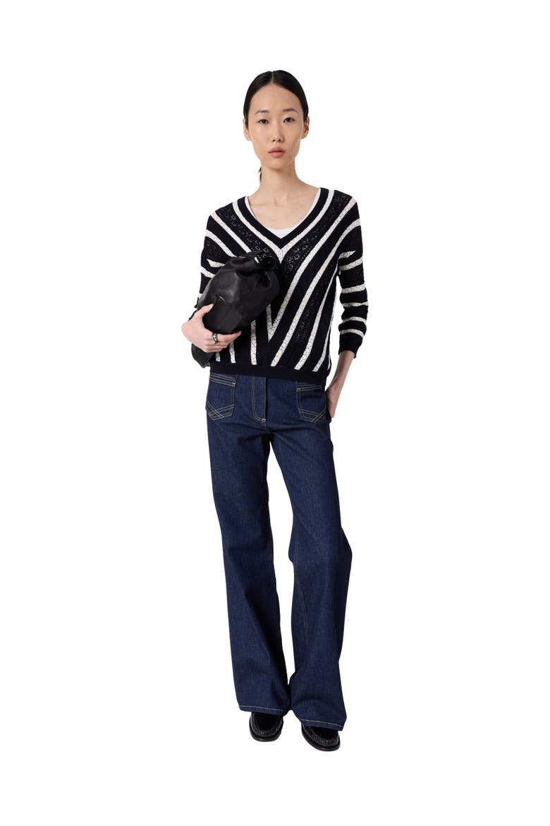 Loretta V-Neck Long Sleeve Knitted Top, Alternate, color, Navy Blue