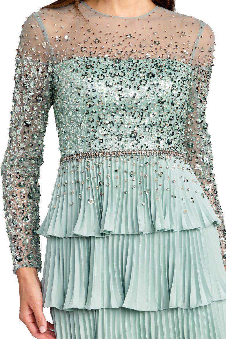 Crepe Ruffled Long Sleeve Evening Gown with Beaded Mesh Top, Alternate, color, Sage