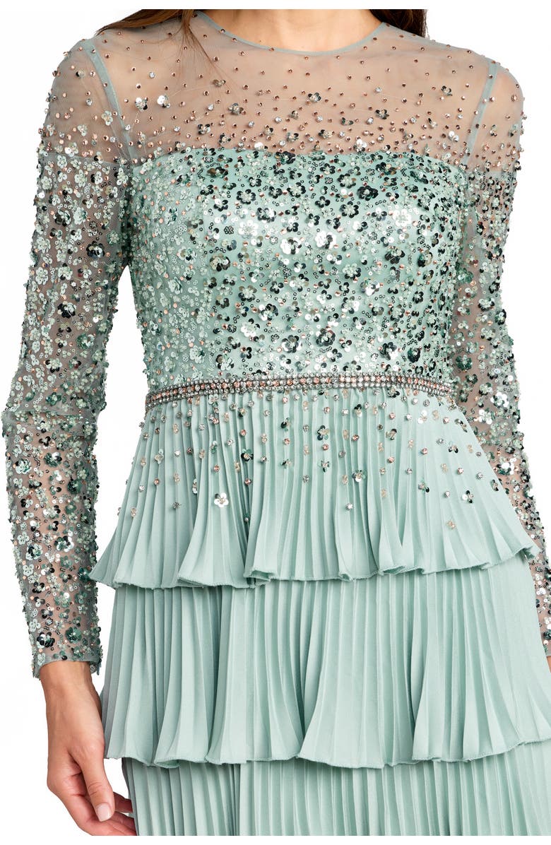 Mac Duggal Crepe Ruffled Long Sleeve Evening Gown with Beaded Mesh Top, Alternate, color, Sage