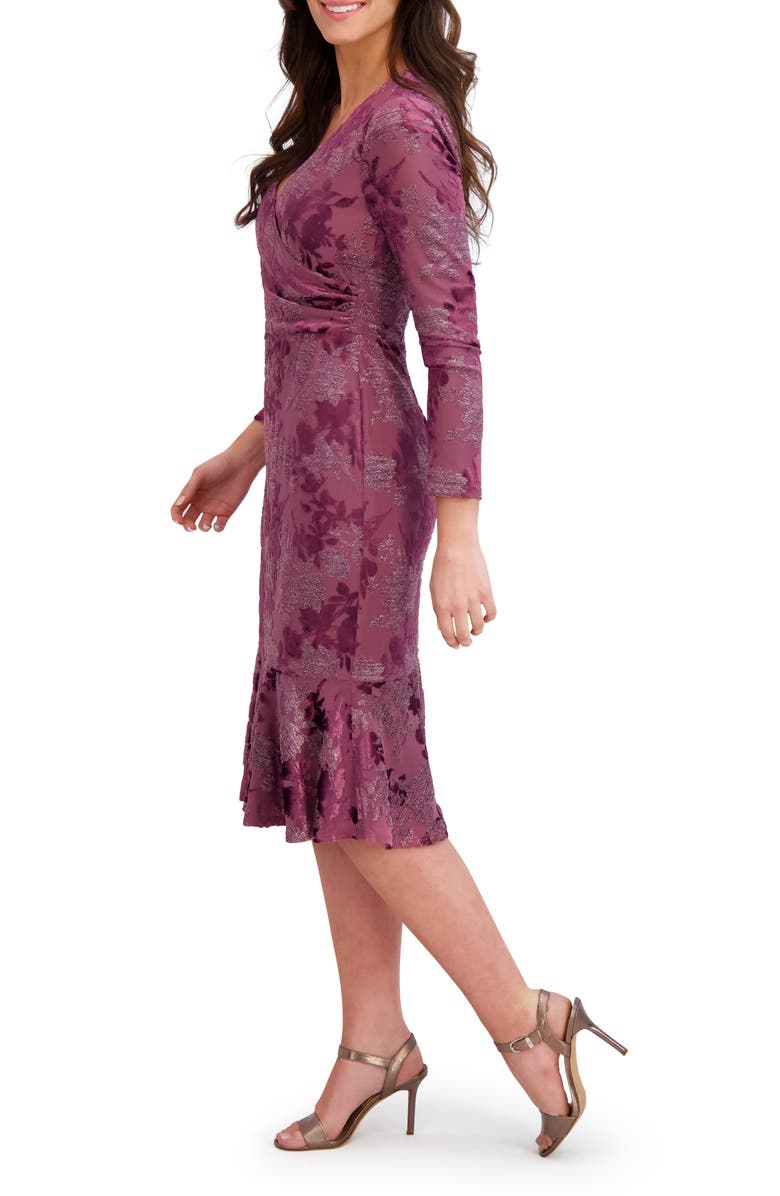 London Times Floral Burnout V-Neck Long Sleeve Faux Wrap Dress, Alternate, color, Mauve