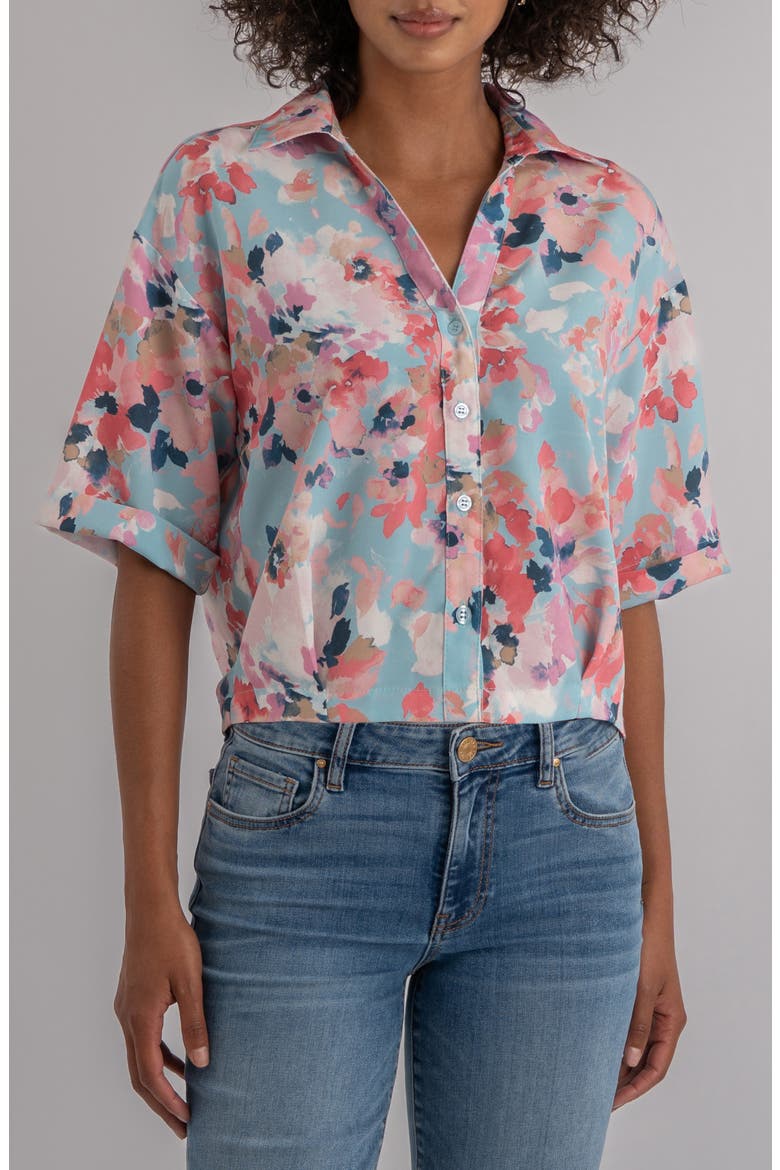 Donna Floral Short Sleeve Button-Up Shirt, Main, color, SKY