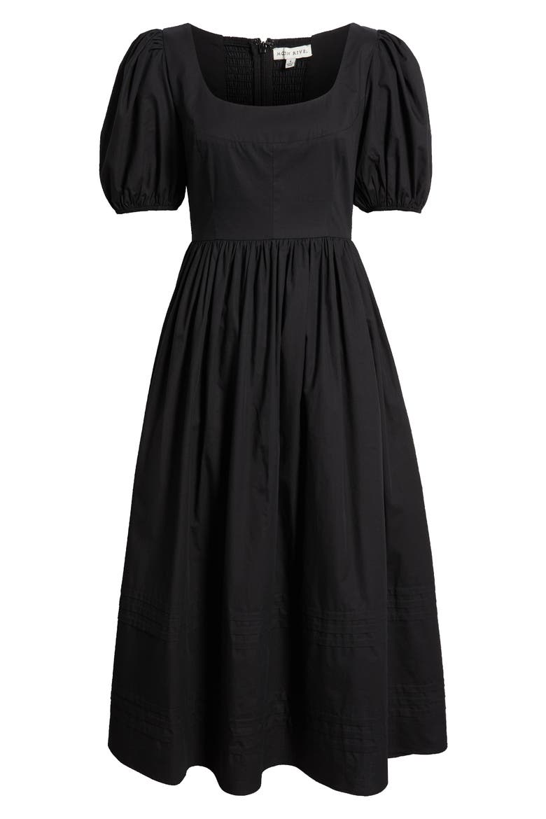 Puff Sleeve Cotton Midi Dress, Alternate, color, BLACK