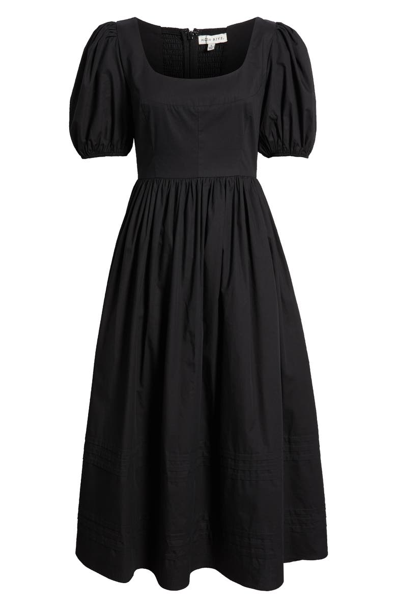MOON RIVER Puff Sleeve Cotton Midi Dress, Alternate, color, Black
