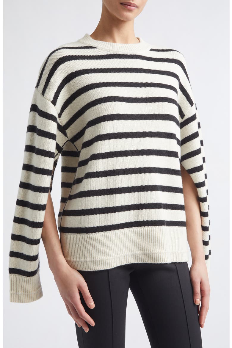 Ladder Stitch Stripe Cashmere & Organic Cotton Sweater, Alternate, color, IVORY/ BLACK STRIPE