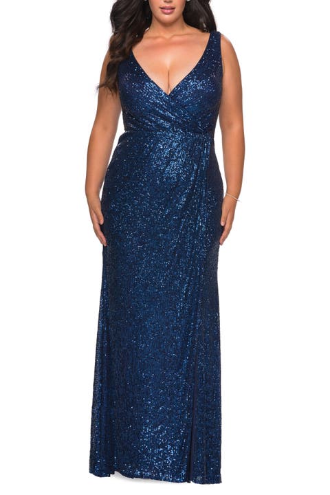 Sequin Plus Size Gown with Ruching and V-neck
