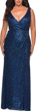La Femme Sequin Plus Size Gown with Ruching and V-neck