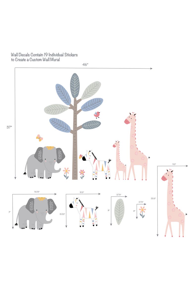 Jazzy Jungle Elephant/Zebra/Giraffe/Tree Wall Decals/Stickers, Alternate, color, Multicolor