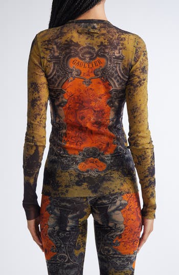 Medallion Print Long Sleeve Mesh Top