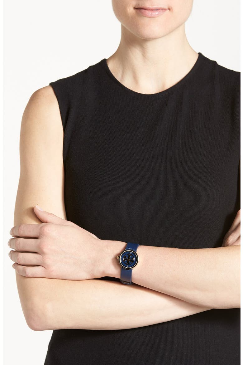 'Reva' Logo Dial Leather Strap Watch, 28mm, Alternate, color, NAVY/ GOLD
