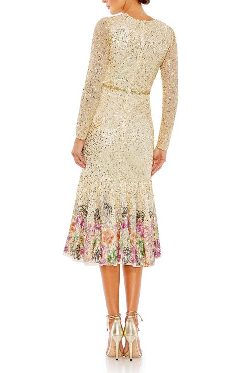 Mac Duggal Long Sleeve Faux Wrap Embellished Tea Length Dress In Gold Multi