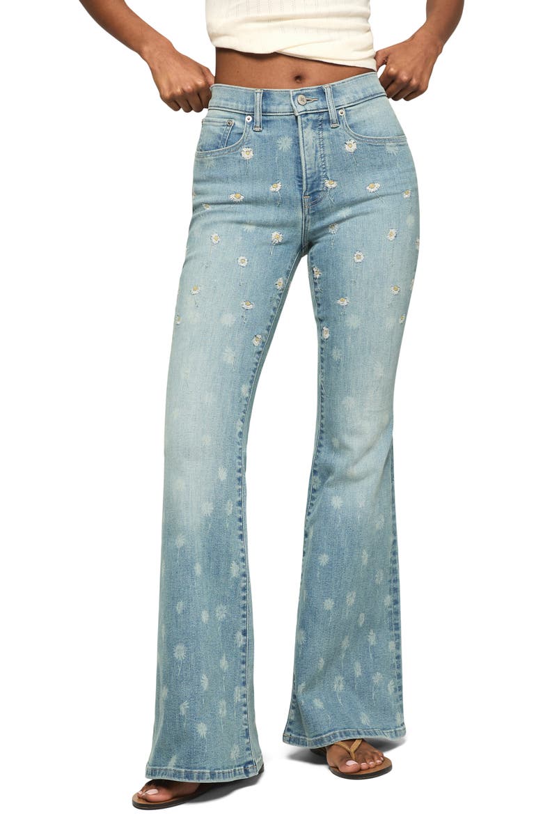 Stevie Daisy Embroidered High Waist Bell Flare Jeans, Main, color, DAZING AROUND WASH