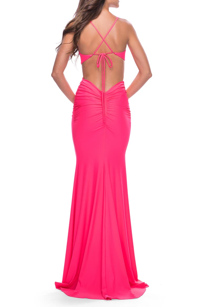 Prom Dress with Cut Out Sides and Low Open Back in Neon, Alternate, color, Neon Pink