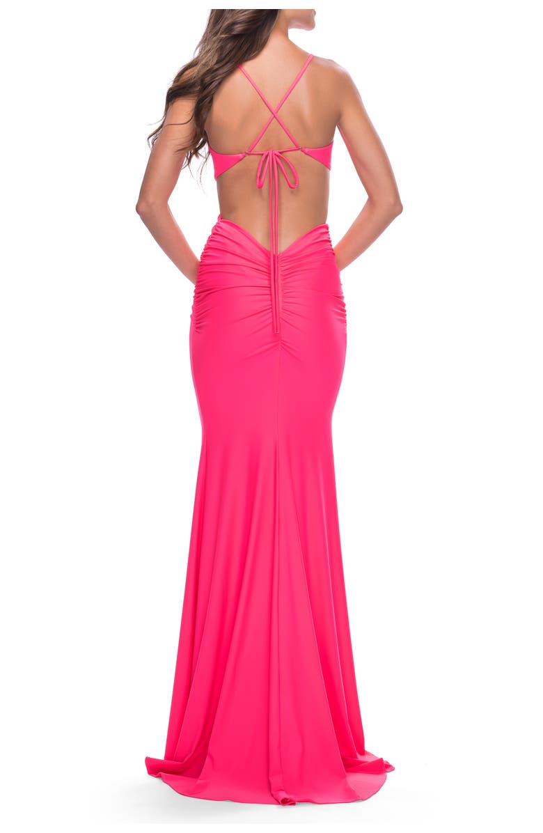 La Femme Prom Dress with Cut Out Sides and Low Open Back in Neon, Alternate, color, Neon Pink