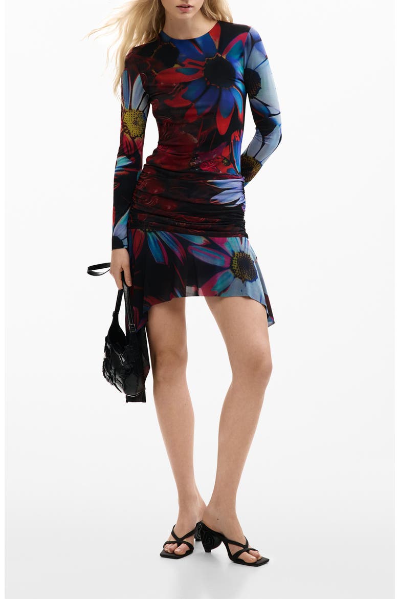 Floral Print Long Sleeve Minidress, Main, color, BLACK