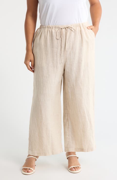 Wide Leg Crop Linen Pants (Plus)