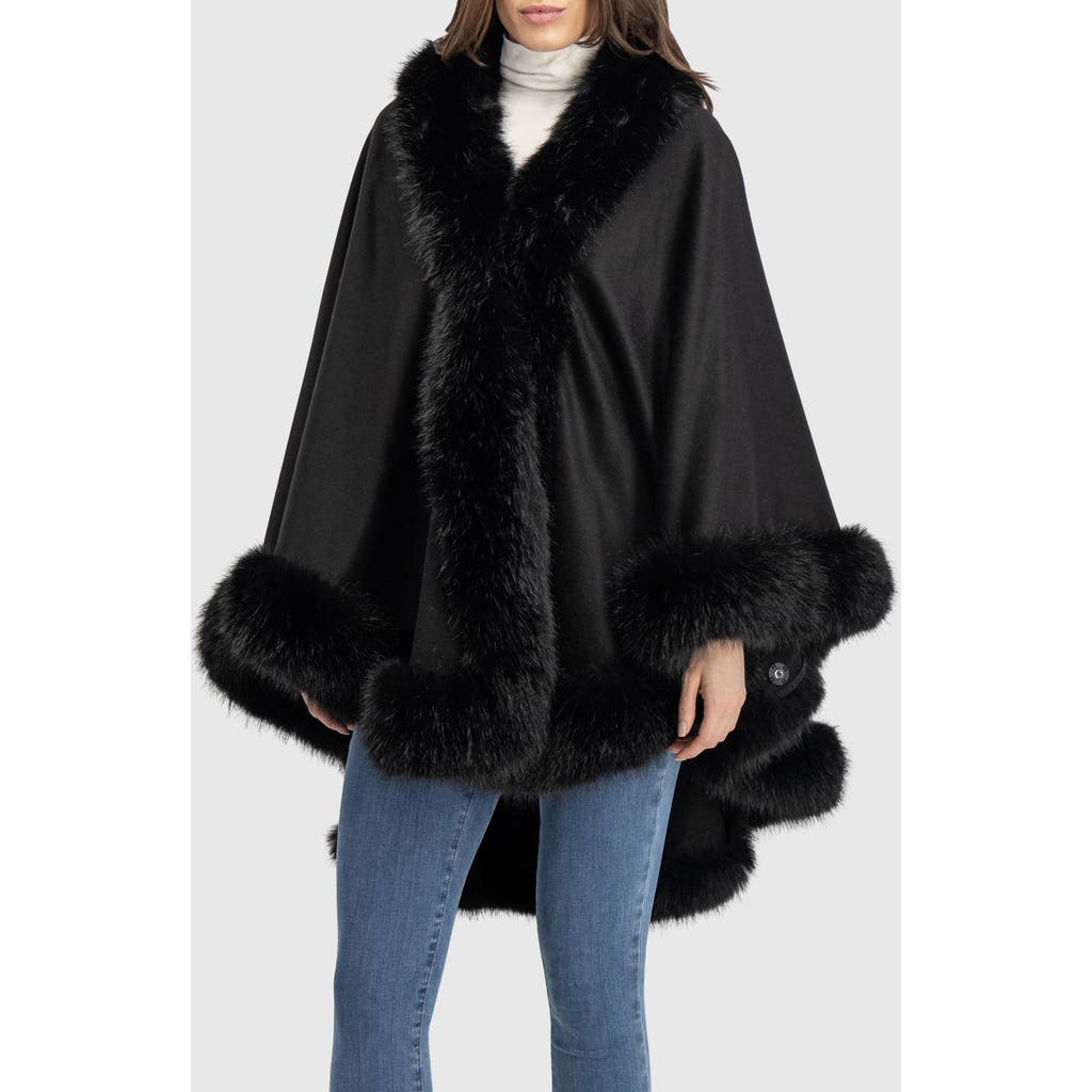 Lyla Grant Cashmere & Wool Blend Cape With Fur-free Fox (faux Fur) Trim In Black